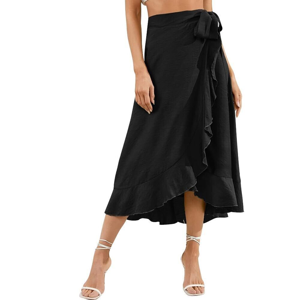 7368 Black Long Skirt Wrap Around Skirt Spring Summer High Waist Ruffle A